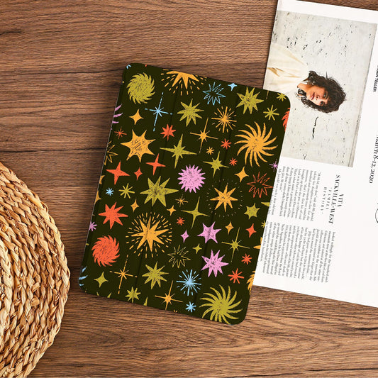 Hand-drawn Colorful Stars On A Dark Olive Green Background Ipad With Apple Pencil Holder Cover For Ipad 11" A16 2025 M3 Air 13" 2024 Pro M4