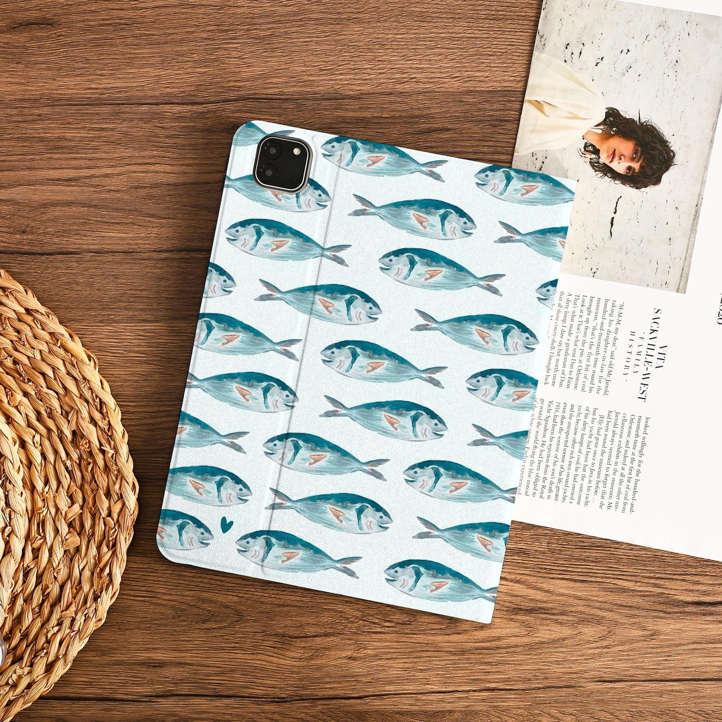 Watercolor Painting Of A Blue-green Fish Ipad Case With Pencil Holder Cover For Ipad 11 A16 2025 M3 Air 7th 11" 10.9" 13" 2024 Pro 12.9" M4