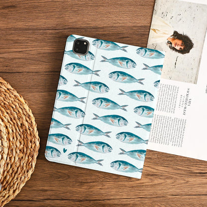 Watercolor Painting Of A Blue-green Fish Ipad Case With Pencil Holder Cover For Ipad 11 A16 2025 M3 Air 7th 11" 10.9" 13" 2024 Pro 12.9" M4