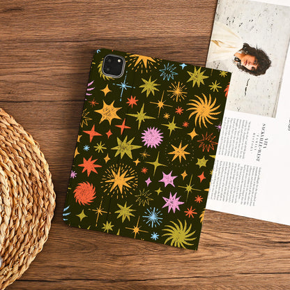 Hand-drawn Colorful Stars On A Dark Olive Green Background Ipad With Apple Pencil Holder Cover For Ipad 11" A16 2025 M3 Air 13" 2024 Pro M4