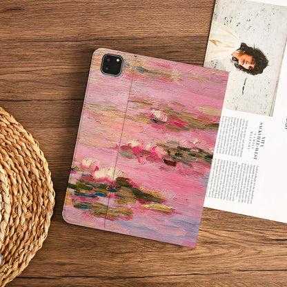 Pink Monet-style Water Lilies Oil Painting Ipad Case With Pencil Holder Cover For Ipad 11 A16 2025 M3 Air 7/6th 11" 10.9" 13" 2024 Pro M4