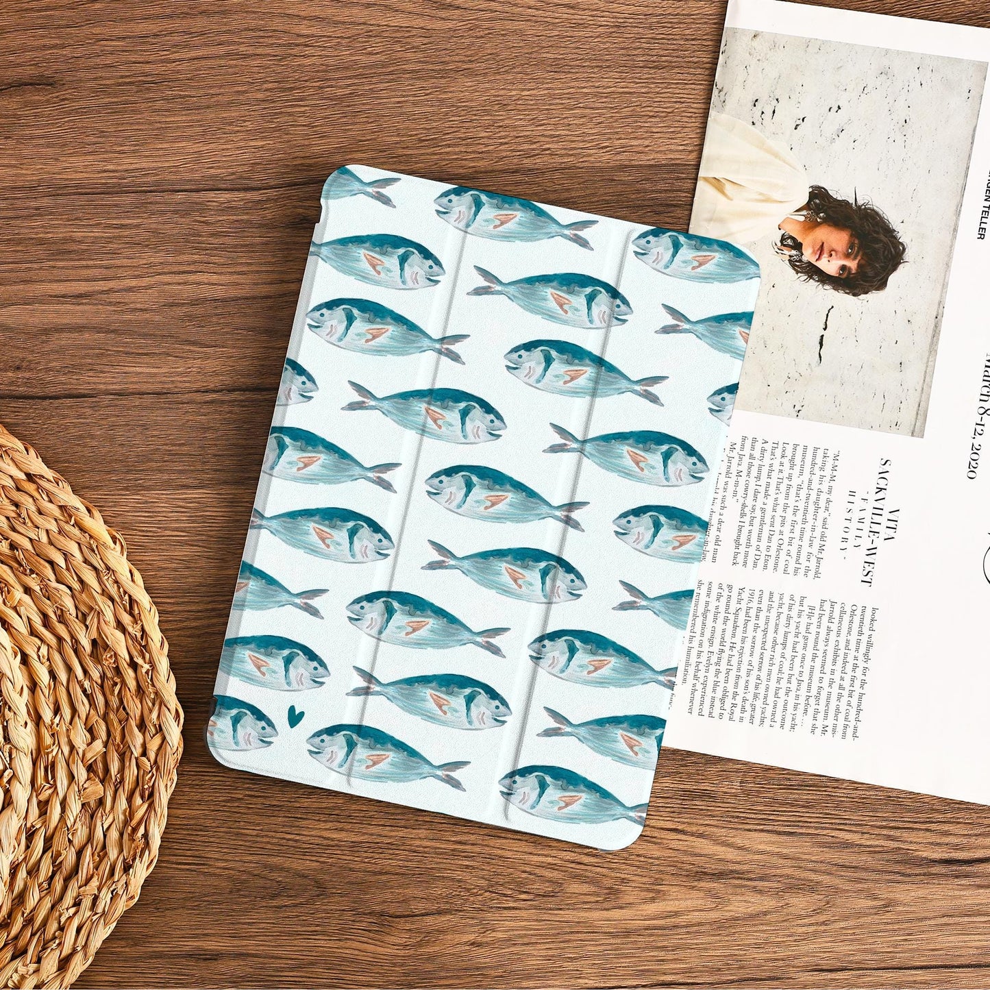 Watercolor Painting Of A Blue-green Fish Ipad Case With Pencil Holder Cover For Ipad 11 A16 2025 M3 Air 7th 11" 10.9" 13" 2024 Pro 12.9" M4