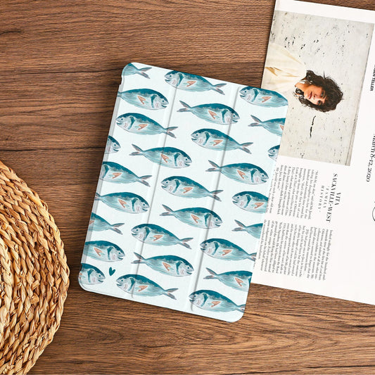 Watercolor Painting Of A Blue-green Fish Ipad Case With Pencil Holder Cover For Ipad 11 A16 2025 M3 Air 7th 11" 10.9" 13" 2024 Pro 12.9" M4